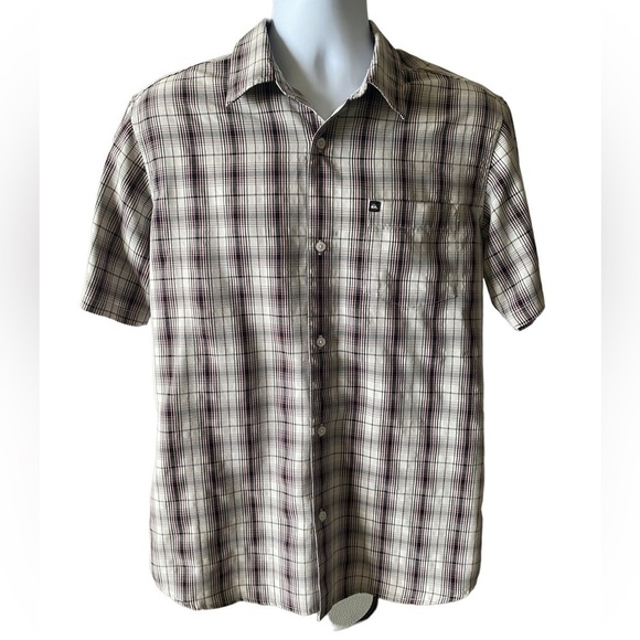 Quiksilver Plaid Gray & Maroon Short Sleeve Collared Shirt Men M Medium - Picture 1 of 8